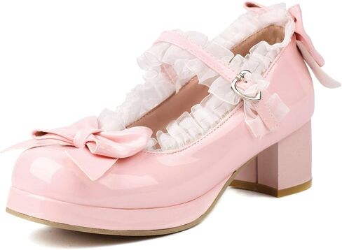Kawaii Mid Block Heel Mary Janes Platform Rockabilly Shoes Patent Chunky Heels Pumps Sweet Cute with Bow in Saudi Arabia
