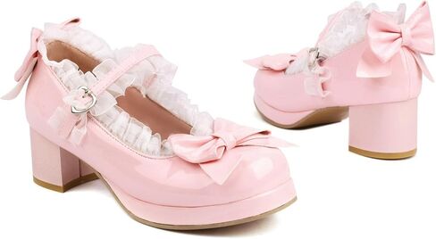 Kawaii Mid Block Heel Mary Janes Platform Rockabilly Shoes Patent Chunky Heels Pumps Sweet Cute with Bow in Saudi Arabia
