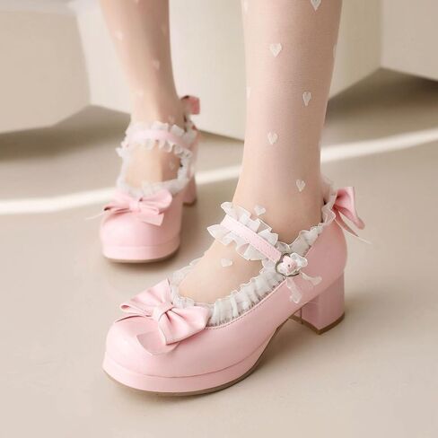 Kawaii Mid Block Heel Mary Janes Platform Rockabilly Shoes Patent Chunky Heels Pumps Sweet Cute with Bow in Saudi Arabia
