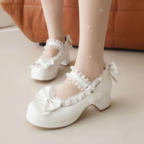 Kawaii Mid Block Heel Mary Janes Platform Rockabilly Shoes Patent Chunky Heels Pumps Sweet Cute with Bow in Saudi Arabia