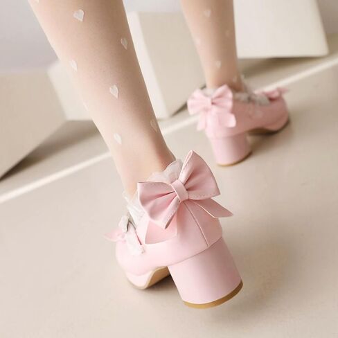 Kawaii Mid Block Heel Mary Janes Platform Rockabilly Shoes Patent Chunky Heels Pumps Sweet Cute with Bow in Saudi Arabia