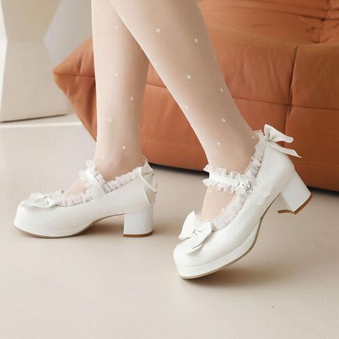 Kawaii Mid Block Heel Mary Janes Platform Rockabilly Shoes Patent Chunky Heels Pumps Sweet Cute with Bow in Saudi Arabia