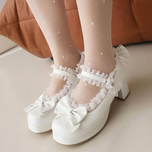 Kawaii Mid Block Heel Mary Janes Platform Rockabilly Shoes Patent Chunky Heels Pumps Sweet Cute with Bow in Saudi Arabia