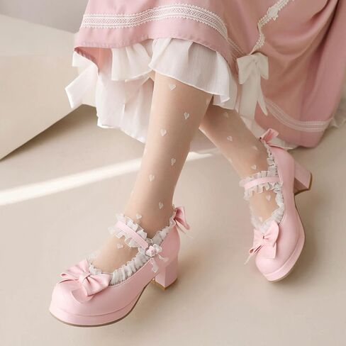 Kawaii Mid Block Heel Mary Janes Platform Rockabilly Shoes Patent Chunky Heels Pumps Sweet Cute with Bow in Saudi Arabia