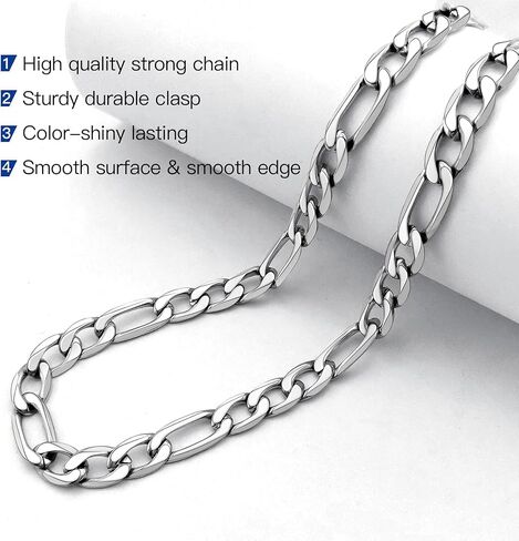 Stainless Steel Figaro Chain Necklace for Men Women, Real Gold/Black Plated Chains, 4/6/7/9mm width,18"-30" Length Jewelry Gift, Send Gift Box in Kuwait