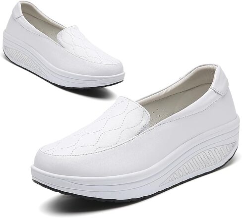 Women's Leather Platform Slip On Nurse Loafers Comfortable Lightweight Wedge Orthotic Sneakers Casual Rocker Shoes in Saudi Arabia
