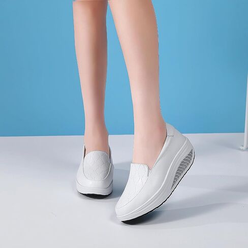 Women's Leather Platform Slip On Nurse Loafers Comfortable Lightweight Wedge Orthotic Sneakers Casual Rocker Shoes in Saudi Arabia