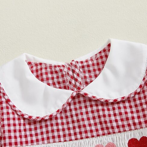 Newborn Baby Girls Valentines day Clothes Long Sleeve Doll Collar Smocked Heart Embroidery Plaid Bubble Romper Outfit in Saudi Arabia