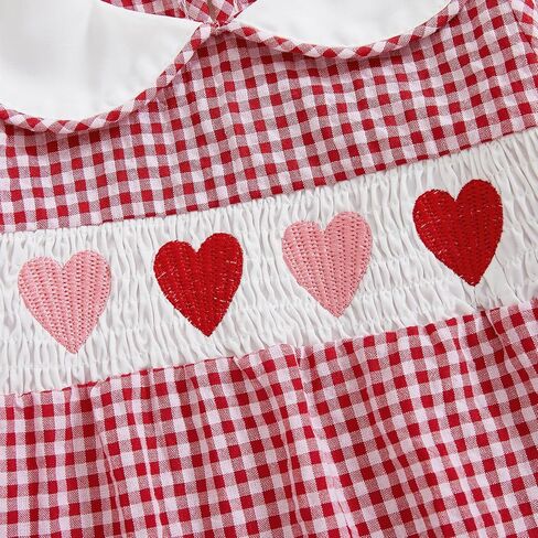 Newborn Baby Girls Valentines day Clothes Long Sleeve Doll Collar Smocked Heart Embroidery Plaid Bubble Romper Outfit in Saudi Arabia