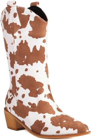 Cowboy Boots for Women Mid Calf Cowgirl Western Boots Cow Print Pointed Toe Chunky Heel Shoes US4-11 in Saudi Arabia
