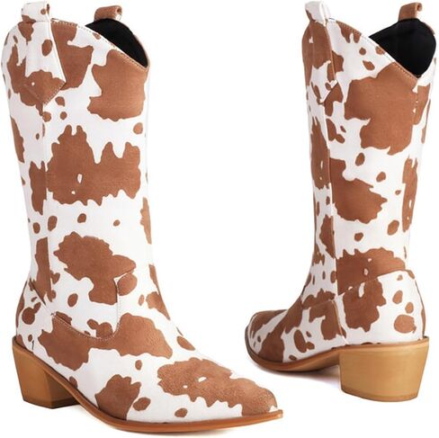 Cowboy Boots for Women Mid Calf Cowgirl Western Boots Cow Print Pointed Toe Chunky Heel Shoes US4-11 in Saudi Arabia