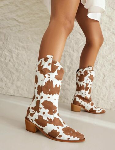 Cowboy Boots for Women Mid Calf Cowgirl Western Boots Cow Print Pointed Toe Chunky Heel Shoes US4-11 in Saudi Arabia