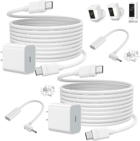 Olaike 2Pack Charger Cable for Ring Stick Up Cam ، 20W USB-C Power Adapter for Ring Spotlight Cam Plus/Pro Battery ، 13T/4M White in Kuwait