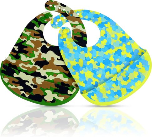 Pack of 2 Silicone Bibs for Babies and Toddlers | Kids Adjustable Soft Waterproof Silicone Bibs with Food Catcher in Saudi Arabia