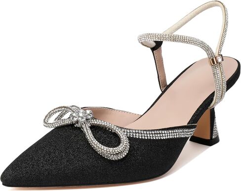 Joseywade Rhinestone Bow Heels Women Found Toe Low Heel Pumps مضخات قابلة للتعديل في الكاحل الزفاف أحذية حفل زفاف in Kuwait