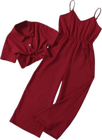 OYOANGLE Girl's 2 Piece Outfits Short Sleeve Button Down Shirt Crop Top and Wide Leg Pants Jumpsuit Set in Saudi Arabia