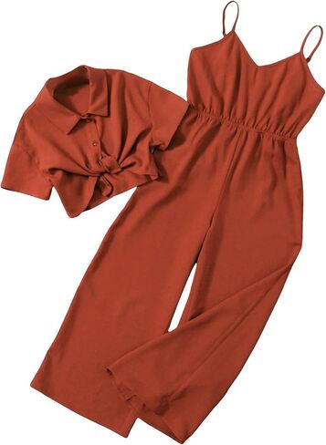 OYOANGLE Girl's 2 Piece Outfits Short Sleeve Button Down Shirt Crop Top and Wide Leg Pants Jumpsuit Set in Saudi Arabia