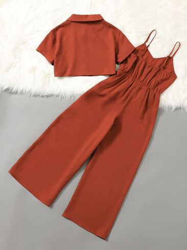 OYOANGLE Girl's 2 Piece Outfits Short Sleeve Button Down Shirt Crop Top and Wide Leg Pants Jumpsuit Set in Saudi Arabia