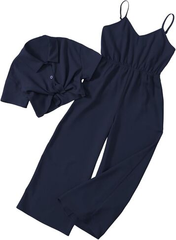 OYOANGLE Girl's 2 Piece Outfits Short Sleeve Button Down Shirt Crop Top and Wide Leg Pants Jumpsuit Set in Saudi Arabia