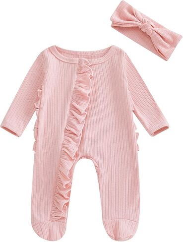 Newborn Infant Baby Girl Clothes Long Sleeve Romper Waffle Ruffle Zip Footie Jumpsuit Fall Winter Outfit With Bow in Kuwait