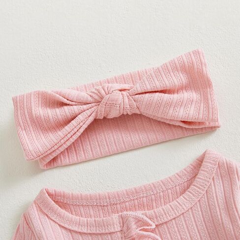 Newborn Infant Baby Girl Clothes Long Sleeve Romper Waffle Ruffle Zip Footie Jumpsuit Fall Winter Outfit With Bow in Kuwait