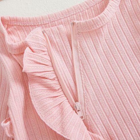 Newborn Infant Baby Girl Clothes Long Sleeve Romper Waffle Ruffle Zip Footie Jumpsuit Fall Winter Outfit With Bow in Kuwait