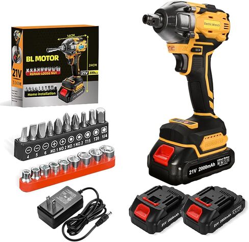 300N.m Cordless Impact Wrench, 21V Torque Power Impact Driver, 1/2" Brushless Impact Gun with 2*2.0Ah Batteries with 19 Accessories, Electric Impact Motor Variable Speeds for home installation (Blue) in Kuwait