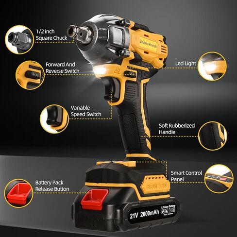 300N.m Cordless Impact Wrench, 21V Torque Power Impact Driver, 1/2" Brushless Impact Gun with 2*2.0Ah Batteries with 19 Accessories, Electric Impact Motor Variable Speeds for home installation (Blue) in Kuwait