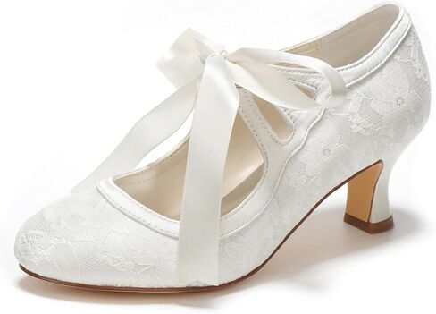 Emily Bridal Wedding Shoes Women's Lace Spool Heel Closed Toe Pumps in Saudi Arabia
