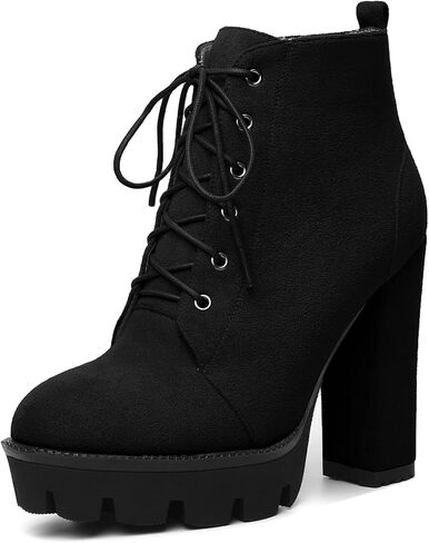 Mettesally Womens Platform Lace Up في الكاحل أحذية جولة إصبع القدم مكتنزة كتلة عالية الكعب الجانبي سستة القصة القصيرة أحذية الشتاء أحذية الشتاء in Kuwait