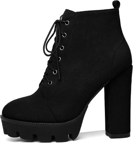 Mettesally Womens Platform Lace Up في الكاحل أحذية جولة إصبع القدم مكتنزة كتلة عالية الكعب الجانبي سستة القصة القصيرة أحذية الشتاء أحذية الشتاء in Kuwait