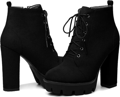 Mettesally Womens Platform Lace Up في الكاحل أحذية جولة إصبع القدم مكتنزة كتلة عالية الكعب الجانبي سستة القصة القصيرة أحذية الشتاء أحذية الشتاء in Kuwait