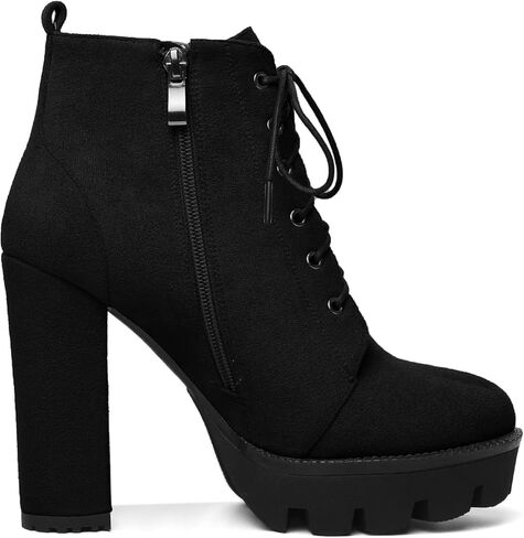 Mettesally Womens Platform Lace Up في الكاحل أحذية جولة إصبع القدم مكتنزة كتلة عالية الكعب الجانبي سستة القصة القصيرة أحذية الشتاء أحذية الشتاء in Kuwait