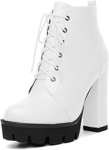 Mettesally Womens Platform Lace Up في الكاحل أحذية جولة إصبع القدم مكتنزة كتلة عالية الكعب الجانبي سستة القصة القصيرة أحذية الشتاء أحذية الشتاء in Kuwait