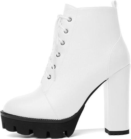 Mettesally Womens Platform Lace Up في الكاحل أحذية جولة إصبع القدم مكتنزة كتلة عالية الكعب الجانبي سستة القصة القصيرة أحذية الشتاء أحذية الشتاء in Kuwait