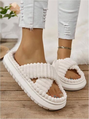 Oyoangle Women's Fuzzy Cross Platform Slippers Plush Slippers Open Open On Slide Slippers House أحذية داخلية in Kuwait