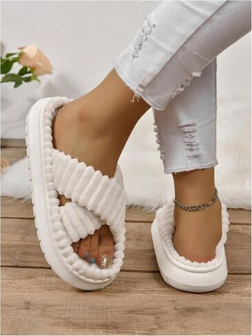 Oyoangle Women's Fuzzy Cross Platform Slippers Plush Slippers Open Open On Slide Slippers House أحذية داخلية in Kuwait