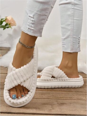 Oyoangle Women's Fuzzy Cross Platform Slippers Plush Slippers Open Open On Slide Slippers House أحذية داخلية in Kuwait