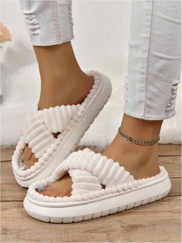 Oyoangle Women's Fuzzy Cross Platform Slippers Plush Slippers Open Open On Slide Slippers House أحذية داخلية in Kuwait