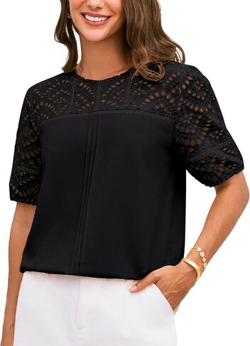 GRACE KARIN بلوزات نسائية غير رسمية بأكمام قصيرة مطرزة بالثقب قمصان صيفية عصرية برقبة دائرية وبلوزات مرقعة من الكروشيه in Kuwait