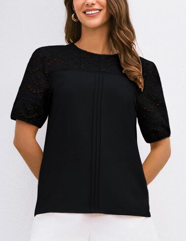 GRACE KARIN بلوزات نسائية غير رسمية بأكمام قصيرة مطرزة بالثقب قمصان صيفية عصرية برقبة دائرية وبلوزات مرقعة من الكروشيه in Kuwait