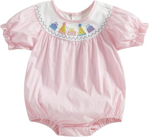 Baby Girl Birthday Bubble Romper Short Sleeve Embroidery Bow/Cake Pattern Bishop Onesie Bodysuit Newborn Clothes in Saudi Arabia