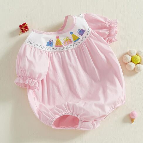 Baby Girl Birthday Bubble Romper Short Sleeve Embroidery Bow/Cake Pattern Bishop Onesie Bodysuit Newborn Clothes in Saudi Arabia