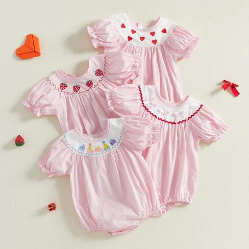 Baby Girl Birthday Bubble Romper Short Sleeve Embroidery Bow/Cake Pattern Bishop Onesie Bodysuit Newborn Clothes in Saudi Arabia