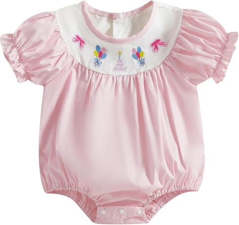 Baby Girl Birthday Bubble Romper Short Sleeve Embroidery Bow/Cake Pattern Bishop Onesie Bodysuit Newborn Clothes in Saudi Arabia