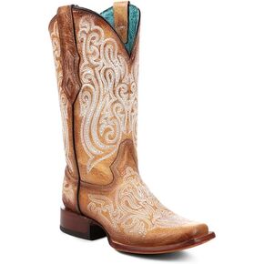 CORRAL LADIE'S STRAW-BLUE LUMINESCENT EMBROIDERY SQ. TOE, LEATHER SOLE, COWHIDE LEATHER, WESTERN BOOT, A4580