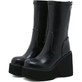 Women's Black Leather Platform Gothic Mid-calf Boots with Pull-Back Fashion Round Toe Simple Wedge Heel Non-slip Punk Knee-High Boots Combat Boots