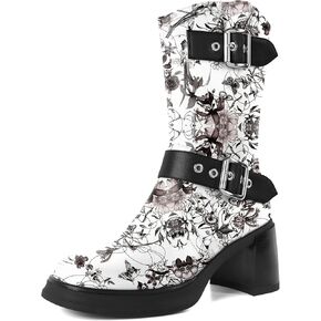 Eldof Mid Calf Boots for Women Platform Chunky Heel Booties with Buckles Square Toe Side Zipper Biker Motorcycle Leather Boots Women Fall Winter 3 Inches