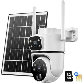 4G LTE Cellular Solar Security Camera Wireless Outdoor, W/Changeable SIM Card&32GB SD Card, PTZ 360° No Wifi Security Camera,Auto Tracking& Spotlight Alarm, Color Night Vision, Two-Way Audio