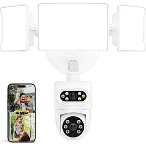 Olafus Security Camera Outdoor with Dual Lens, 360°View-Auto Tracking Smart Floodlight Camera,2K HD &Night Visi on Video, Motion Detection Flood Lighting Wired 5500LM, 2-Way Audio Alexa Compatibility